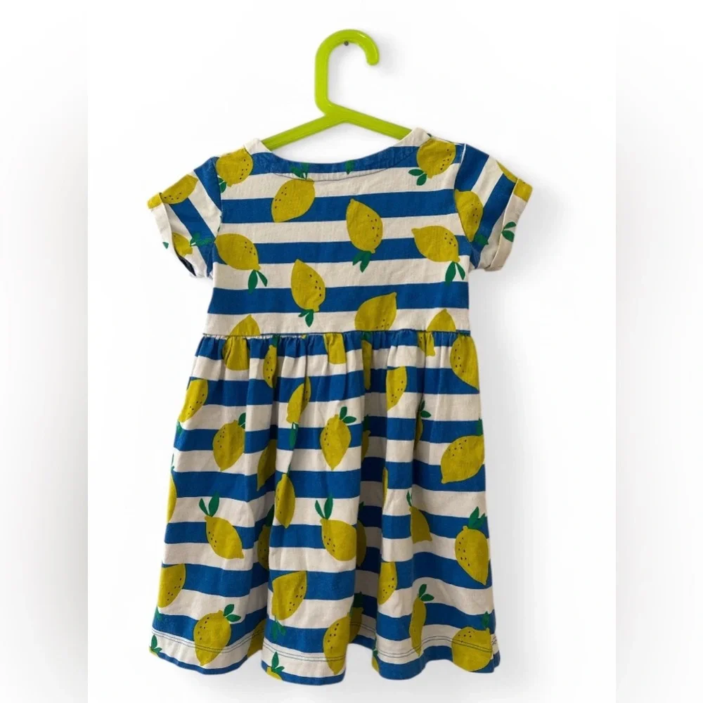 Mini Boden Girls Lemon Print Dress Blue White Striped Summer Outfit Cute Sz 4-5